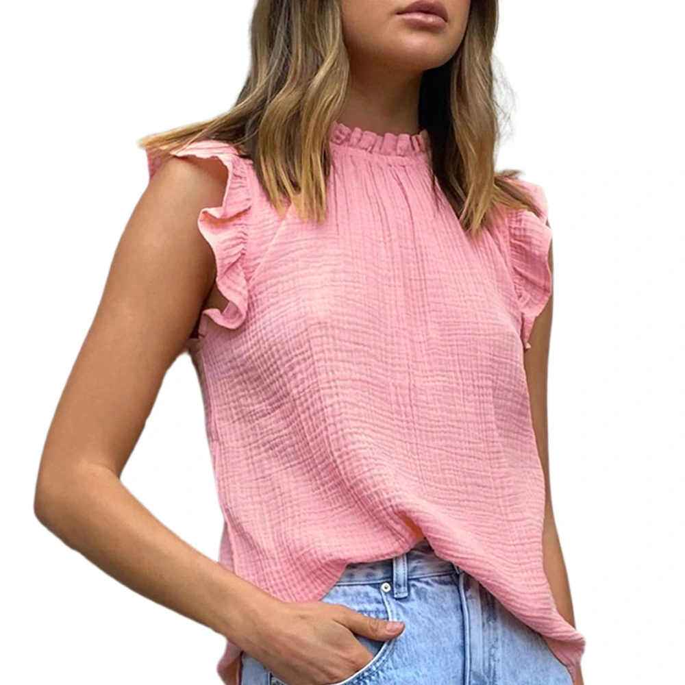 Sleeveless Ruffle Blouse Plain Color Crewneck Pleated Ruffled Tank for Women Lady Girl Pink XXL