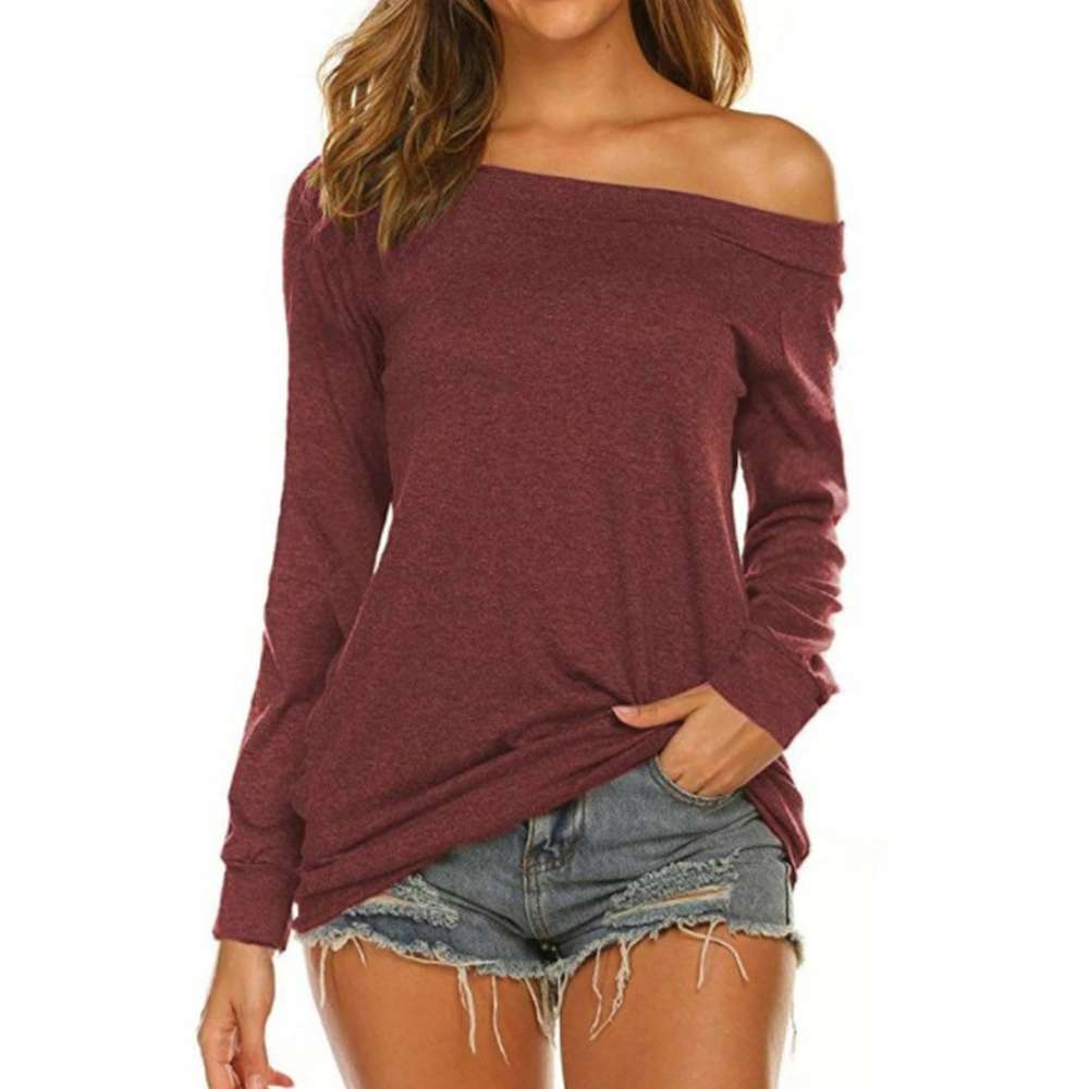 Women Off Shoulder Top Long Sleeve Pure Color Pullover Elastic Women Loose Shirt Top for Daily Party Work Wine Red XXL