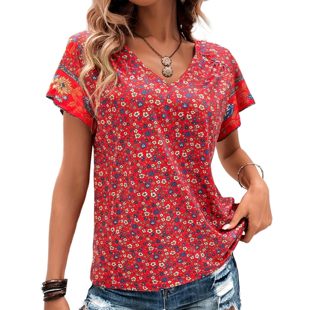 Women V Neck Top Floral Printing Short Ruffle Sleeves Loose Fitting Summer Casual T Shirt Red XL