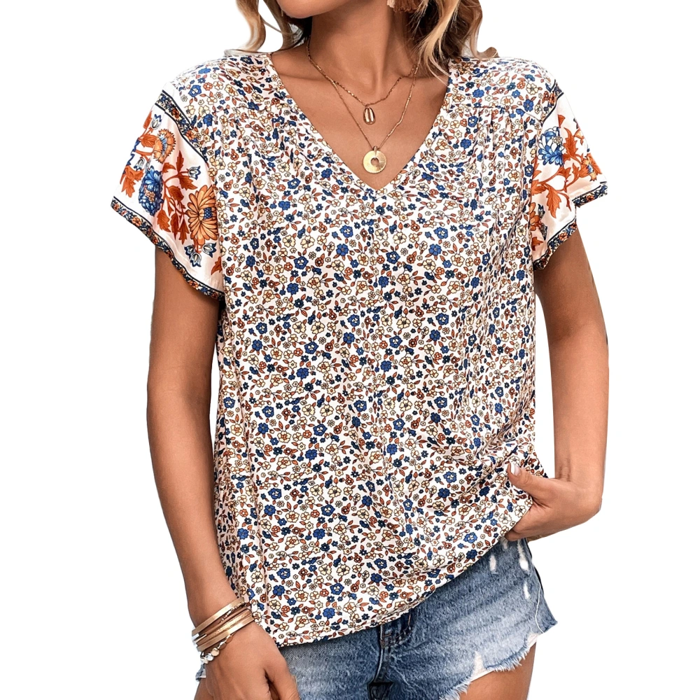 Women V Neck Top Floral Printing Short Ruffle Sleeves Loose Fitting Summer Casual T Shirt White L