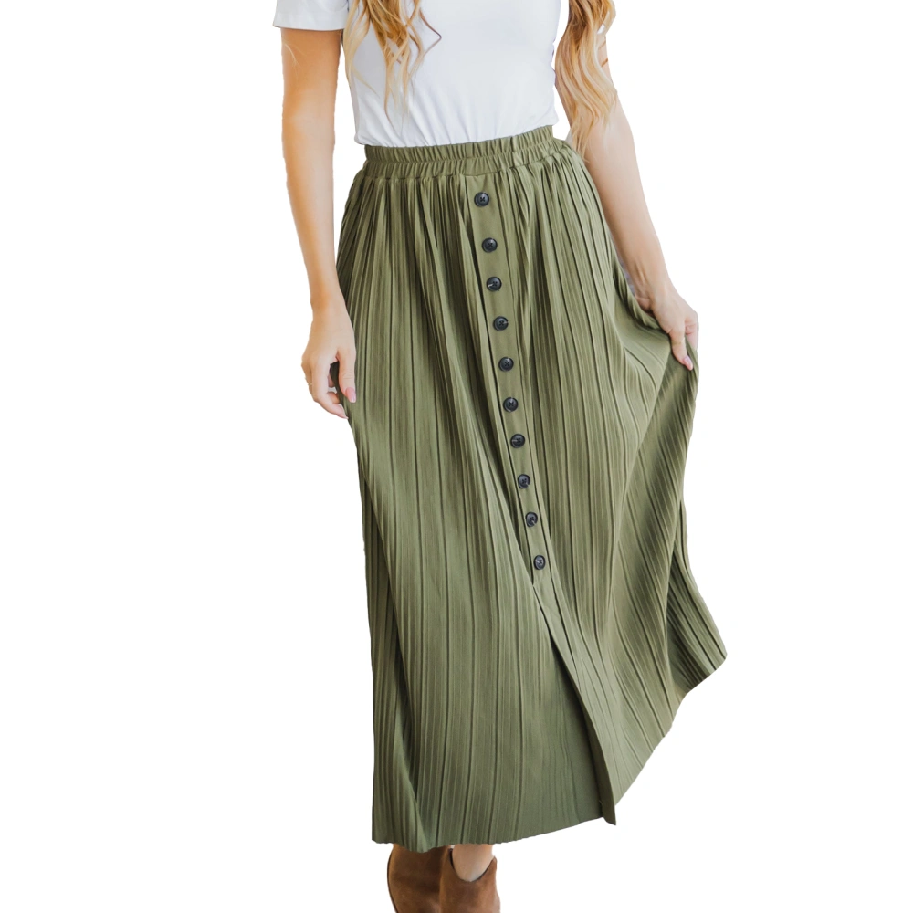 Women Maxi Skirt Casual Elastic High Waist Button Front Pleated Maxi Skirt for Female OD Green S