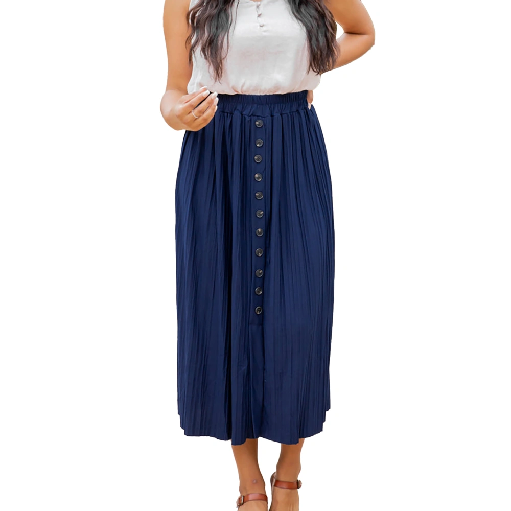 Women Maxi Skirt Casual Elastic High Waist Button Front Pleated Maxi Skirt for Female Blue M