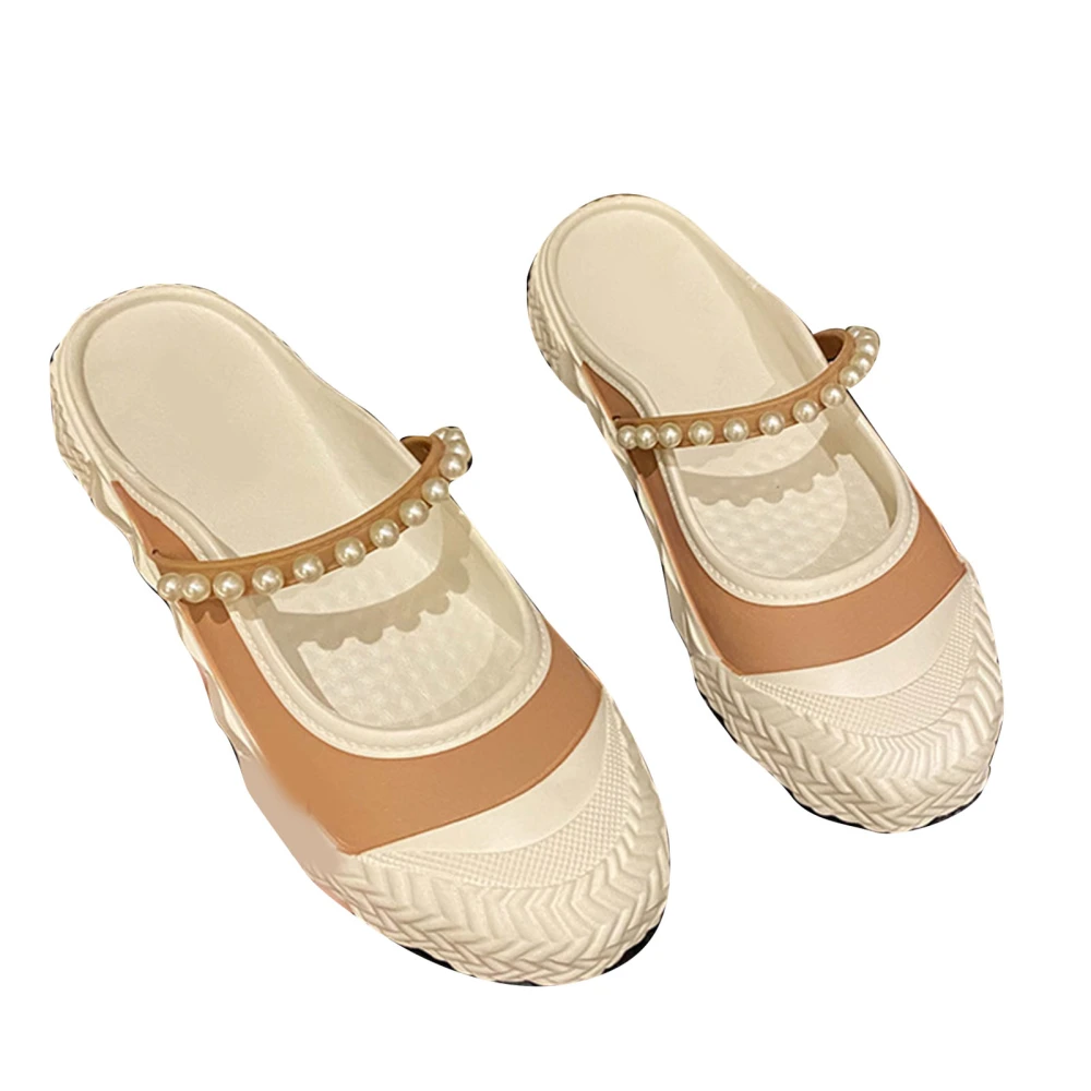 Summer Flat Half Slippers for Women Pearls Decorated Fashionable Rubber Sole Thick Sole Sandals for Travel Apricot Pearl 38‑39