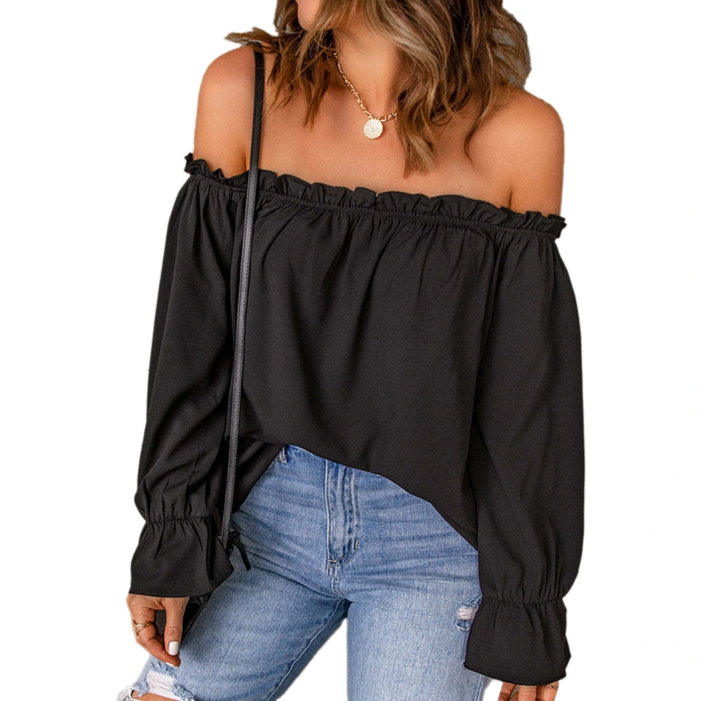 Off Shoulder Chiffon Blouse Plain Color Frill Trim Long Sleeve Off Shoulder Tee Shirt for Lady Girl Female Dating Black S