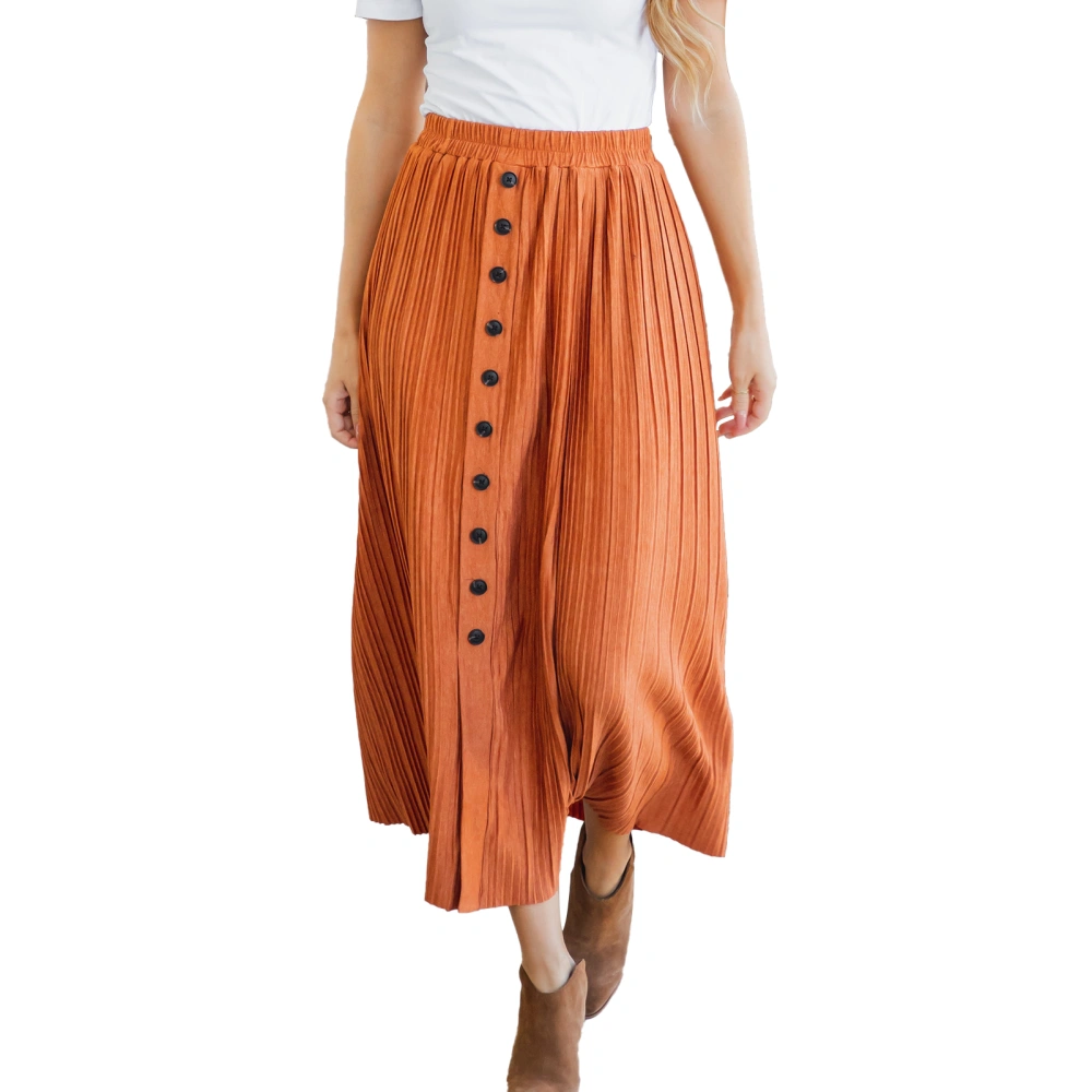 Women Maxi Skirt Casual Elastic High Waist Button Front Pleated Maxi Skirt for Female Orange S