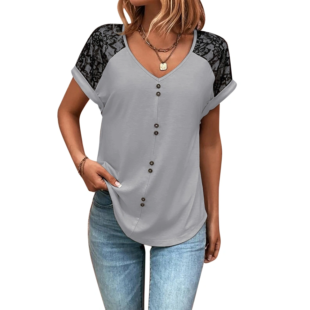 Women V Neck Top Button Trim Lace Splicing Short Sleeves Casual T Shirt for Summer Wear Grey L