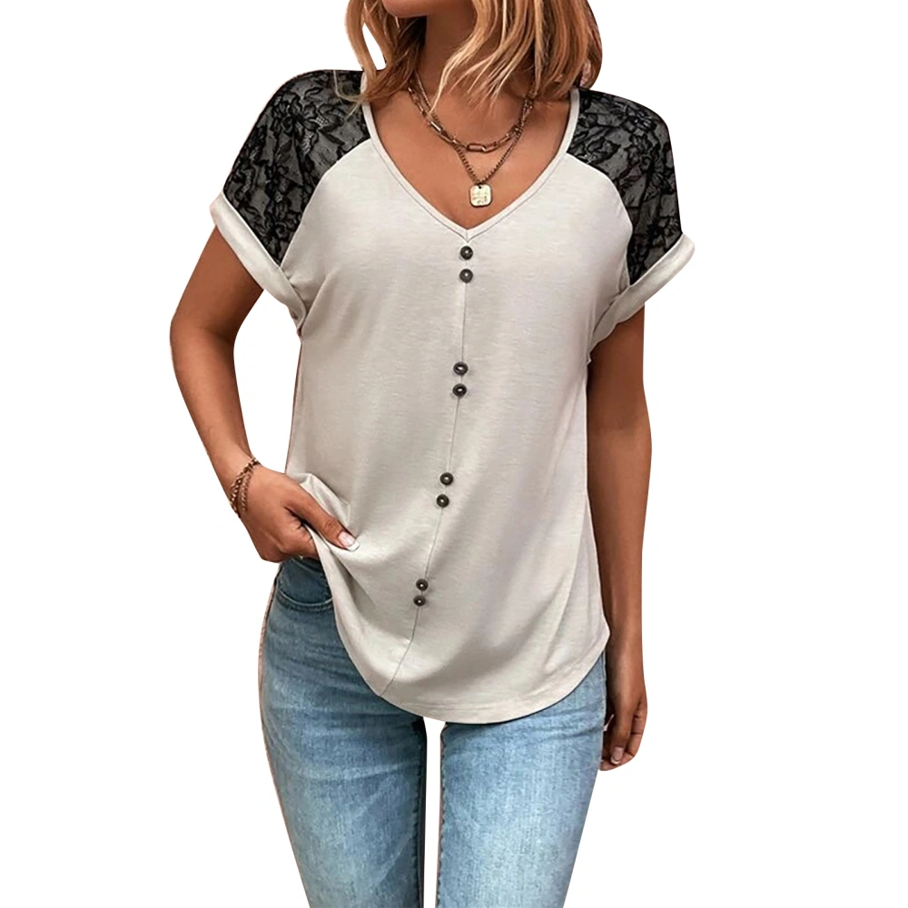 Women V Neck Top Button Trim Lace Splicing Short Sleeves Casual T Shirt for Summer Wear White XXL