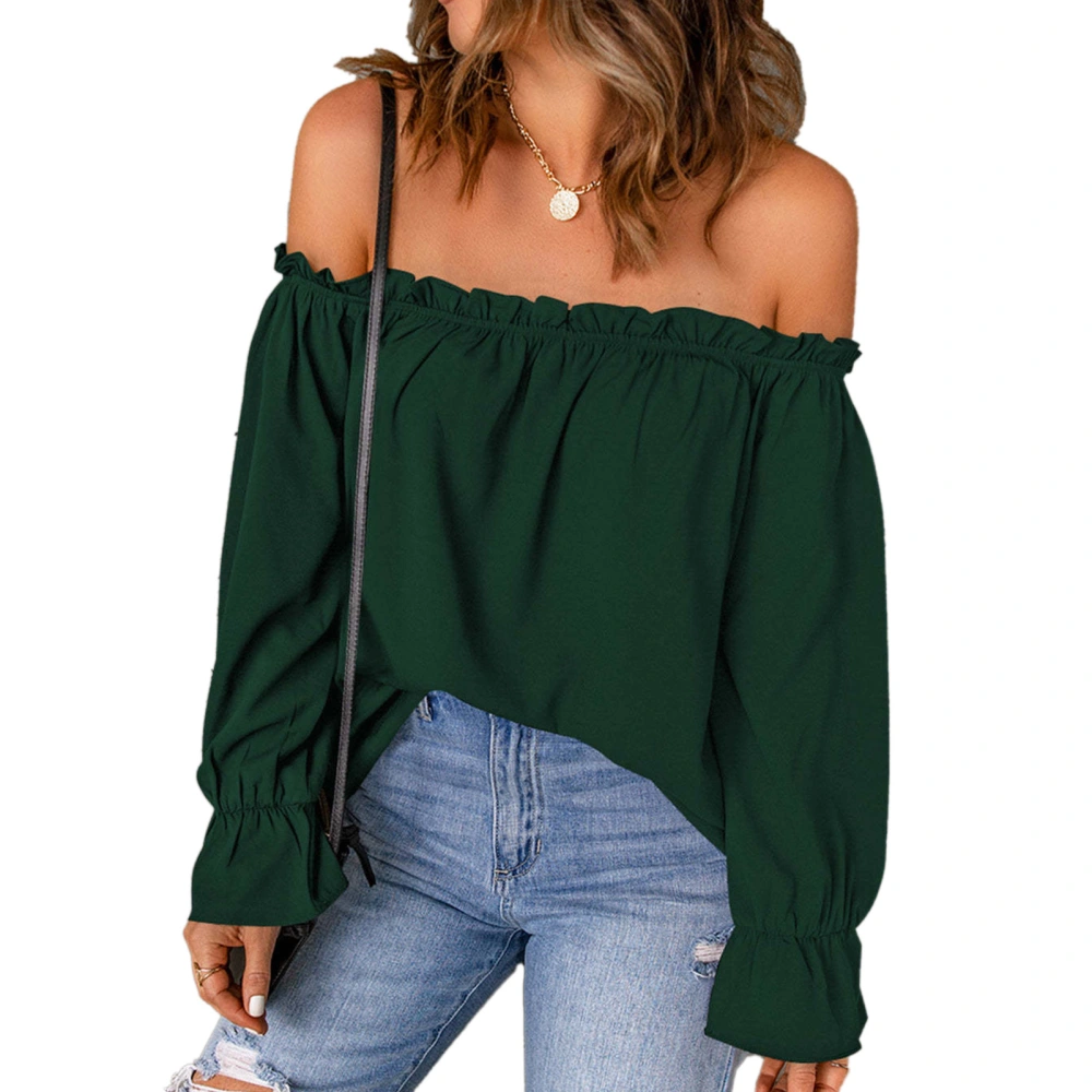 Off Shoulder Chiffon Blouse Plain Color Frill Trim Long Sleeve Off Shoulder Tee Shirt for Lady Girl Female Dating Green M