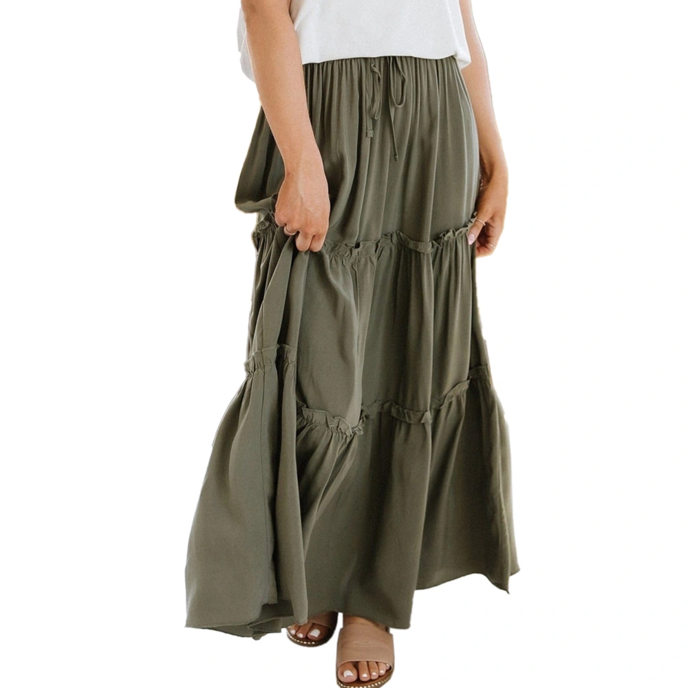 Women Ruffle Trim Skirt Elastic High Waist Drawstring A Line Pure Color Skirt for Summer Wear OD Green S