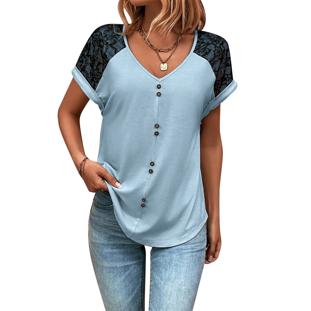 Women V Neck Top Button Trim Lace Splicing Short Sleeves Casual T Shirt for Summer Wear Blue M