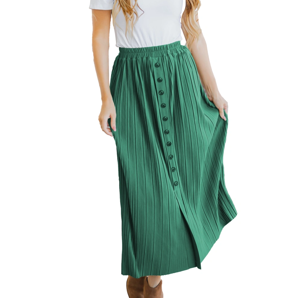 Women Maxi Skirt Casual Elastic High Waist Button Front Pleated Maxi Skirt for Female Dark Green L