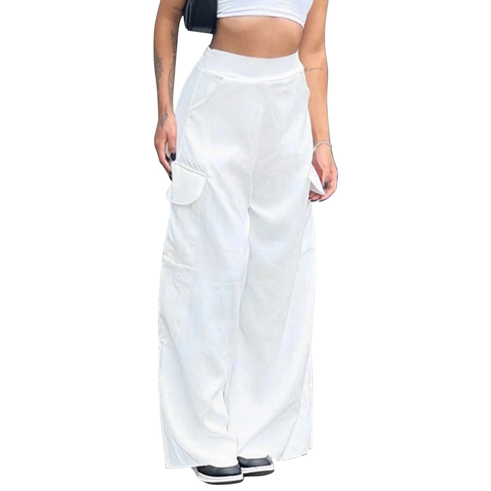 Women Wide Leg Long Pants Pure Color Soft Material Multi Pockets Casual Loose Pants for Appointments Vacations Travel White M