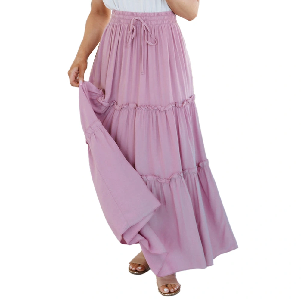 Women Ruffle Trim Skirt Elastic High Waist Drawstring A Line Pure Color Skirt for Summer Wear Light Purple S