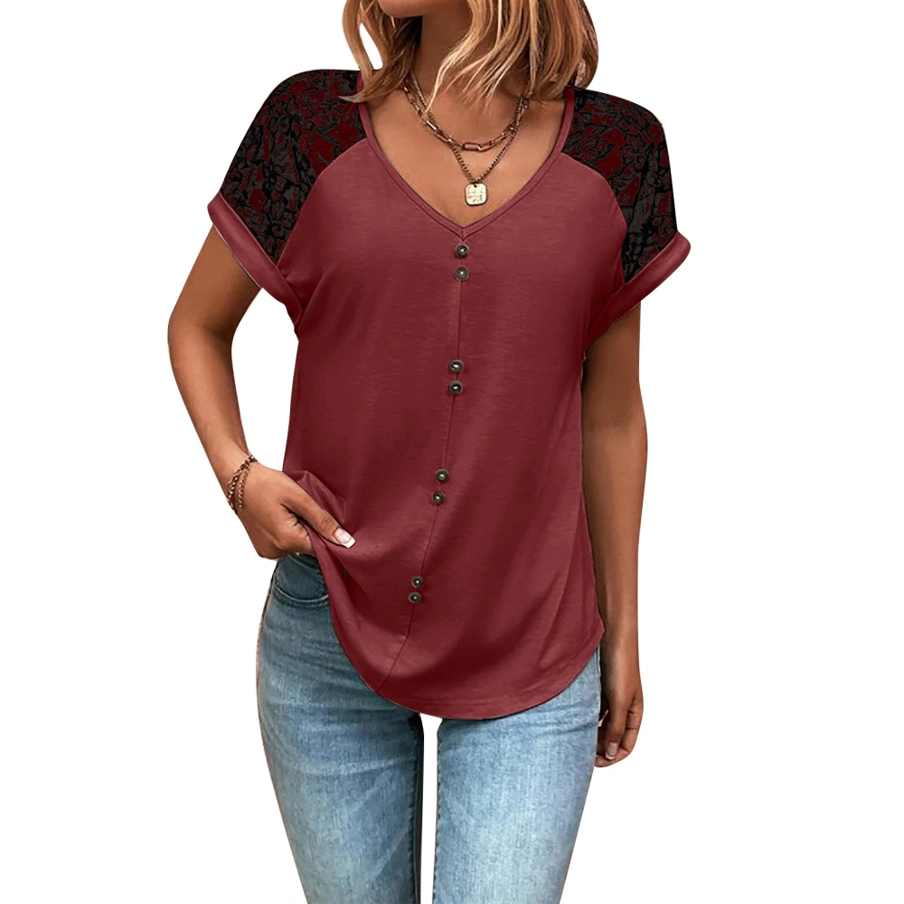 Women V Neck Top Button Trim Lace Splicing Short Sleeves Casual T Shirt for Summer Wear Wine Red XXL