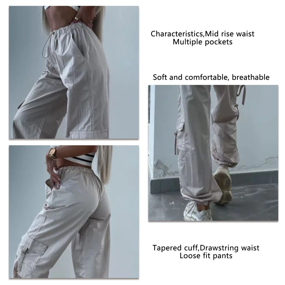 Women Multiple Pockets Pants Drawstring Relaxed Fit Hiking Construction Work Pants Apricot L