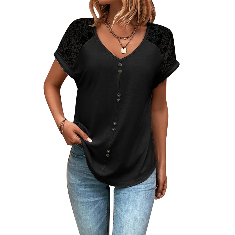 Women V Neck Top Button Trim Lace Splicing Short Sleeves Casual T Shirt for Summer Wear Black S