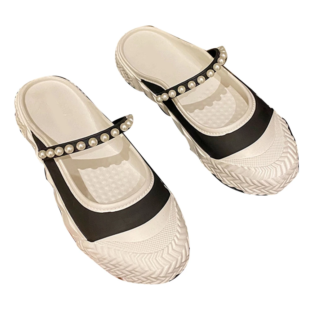 Summer Flat Half Slippers for Women Pearls Decorated Fashionable Rubber Sole Thick Sole Sandals for Travel Black Pearl 36‑37