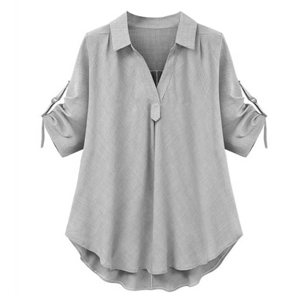 Women Business Blouse Casual V Neck 3/4 Cuffed Sleeves Turn Down Collar High Low Hem Work Top Light Gray 4XL