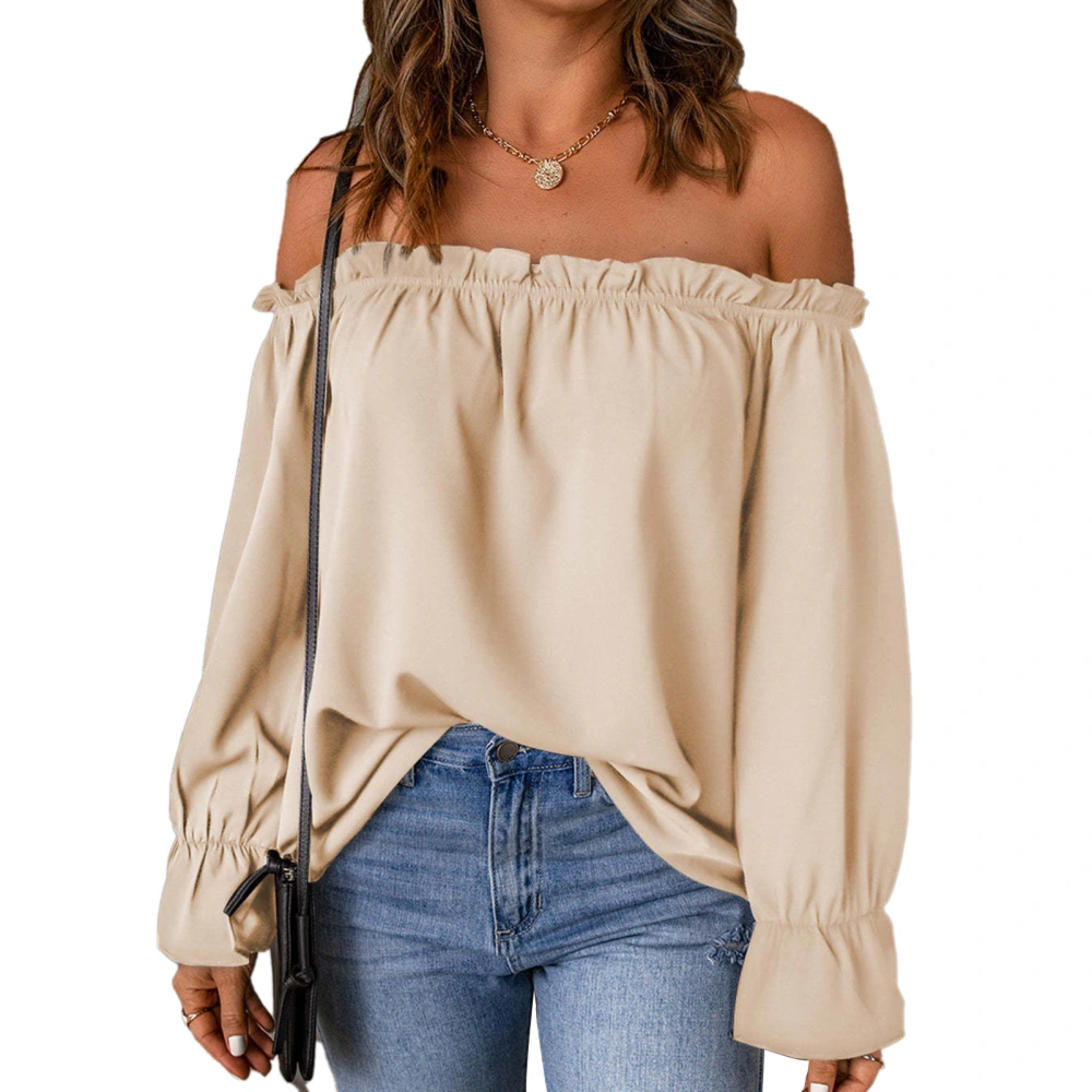 Off Shoulder Chiffon Blouse Plain Color Frill Trim Long Sleeve Off Shoulder Tee Shirt for Lady Girl Female Dating Apricot L