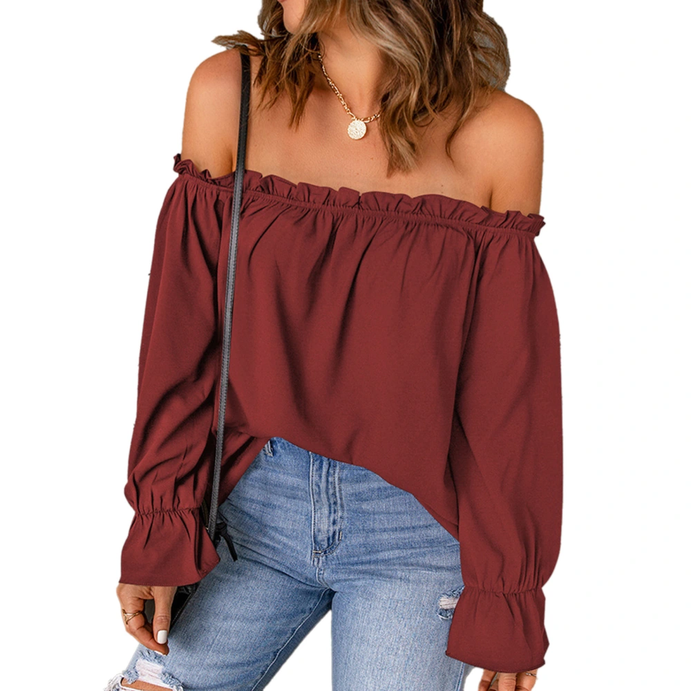 Off Shoulder Chiffon Blouse Plain Color Frill Trim Long Sleeve Off Shoulder Tee Shirt for Lady Girl Female Dating Burgundy XXL