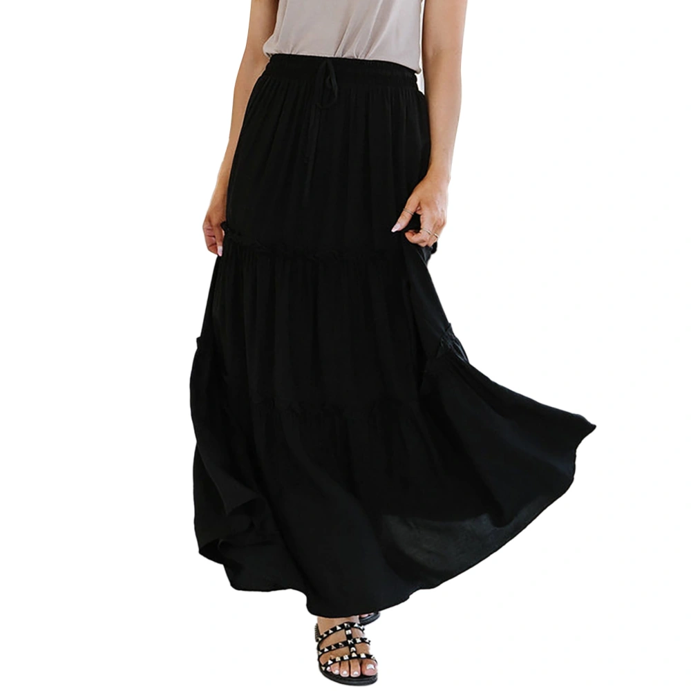 Women Ruffle Trim Skirt Elastic High Waist Drawstring A Line Pure Color Skirt for Summer Wear Black S