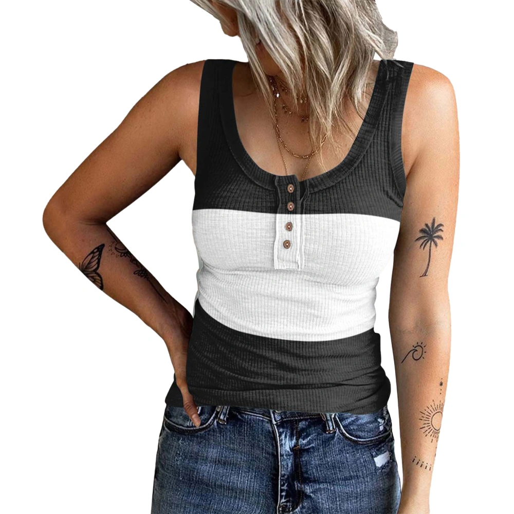 Women Scoop Neck Tank Top Summer Casual Ribbed Knit Sleeveless Basic Slim Fit Camisole T Shirt Black White M