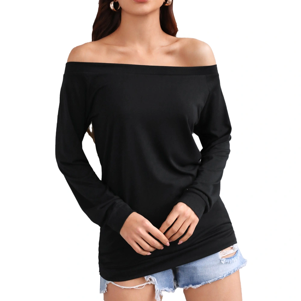 Women Off Shoulder Top Long Sleeve Pure Color Pullover Elastic Women Loose Shirt Top for Daily Party Work Black XXL