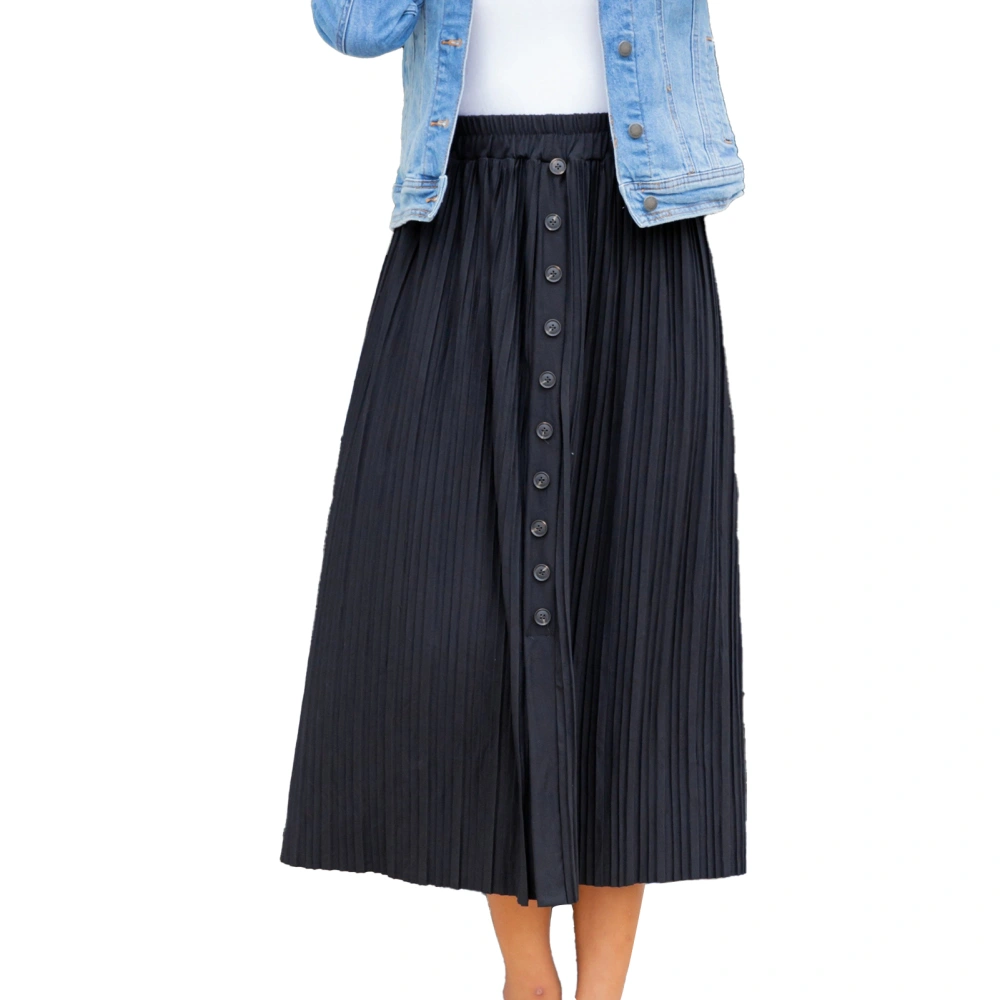 Women Maxi Skirt Casual Elastic High Waist Button Front Pleated Maxi Skirt for Female Black S