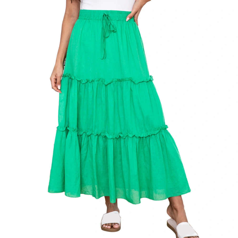 Women Ruffle Trim Skirt Elastic High Waist Drawstring A Line Pure Color Skirt for Summer Wear Emerald Green L