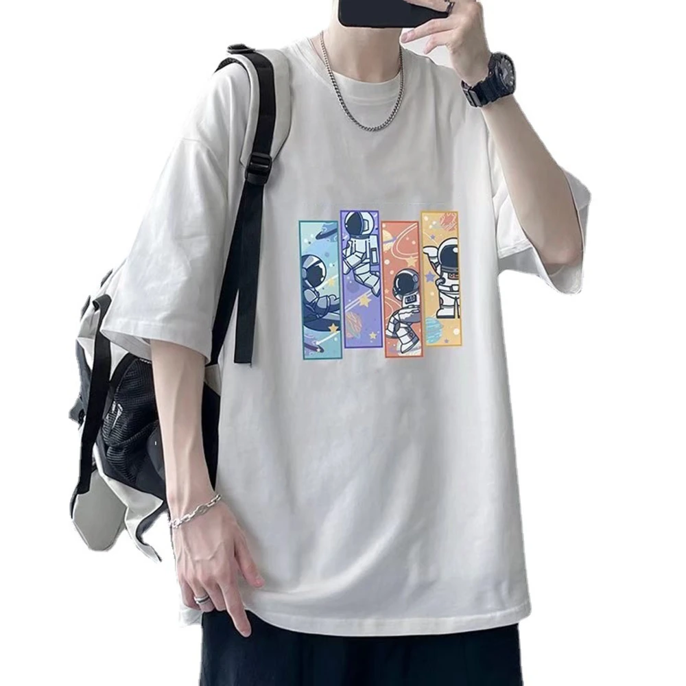 Men Casual Short Sleeve T Shirts Fashion Loose Cartoon Pattern Letter Print Men Short Sleeve Summer Tops for Daily Travel White L