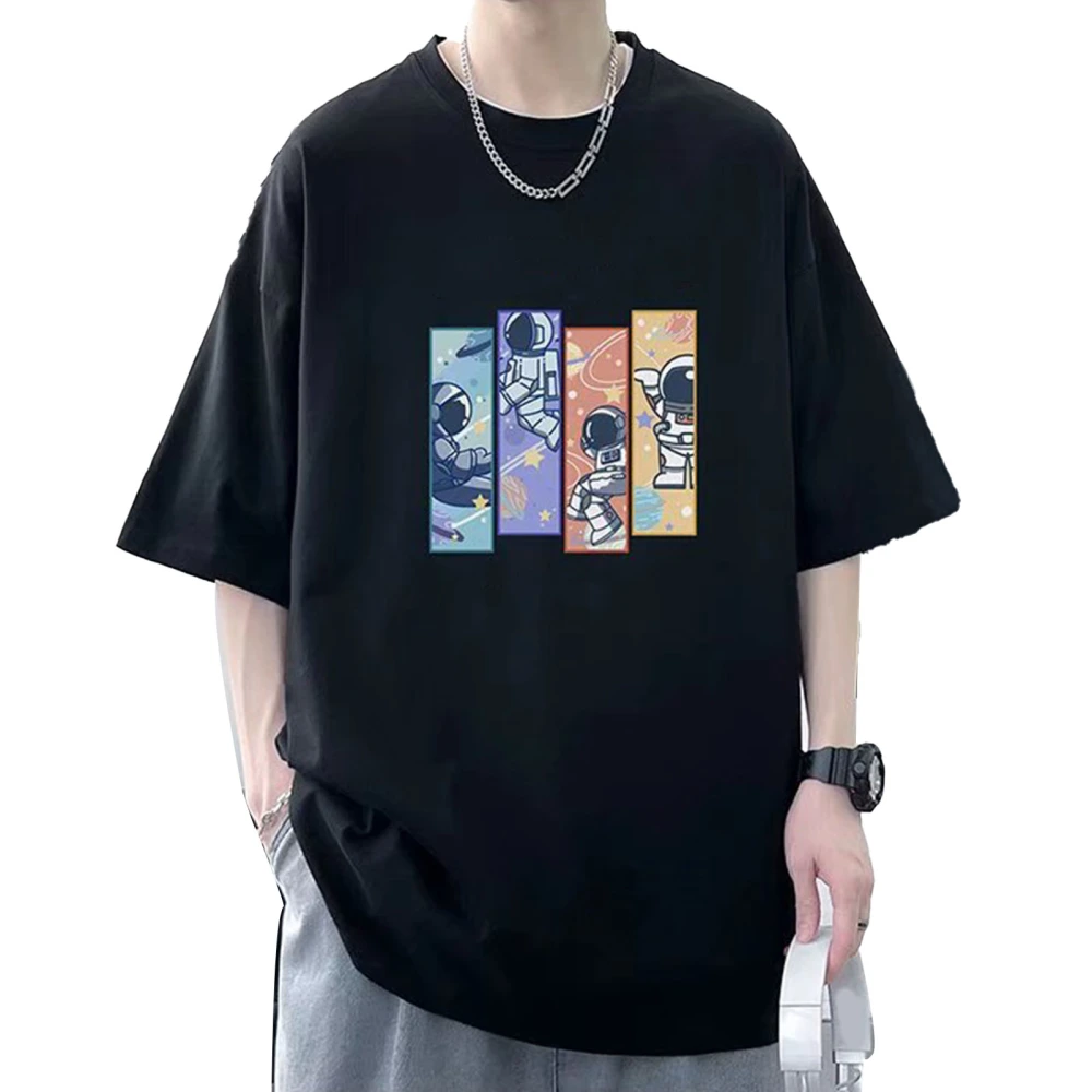 Men Casual Short Sleeve T Shirts Fashion Loose Cartoon Pattern Letter Print Men Short Sleeve Summer Tops for Daily Travel Black XL