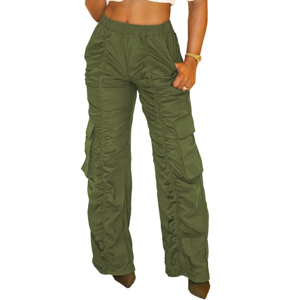 Women Loose Work Pants Fashionable Casual Pleated Design Women Wide Leg Pants with Large Pockets for Daily Work Outdoor OD Green L