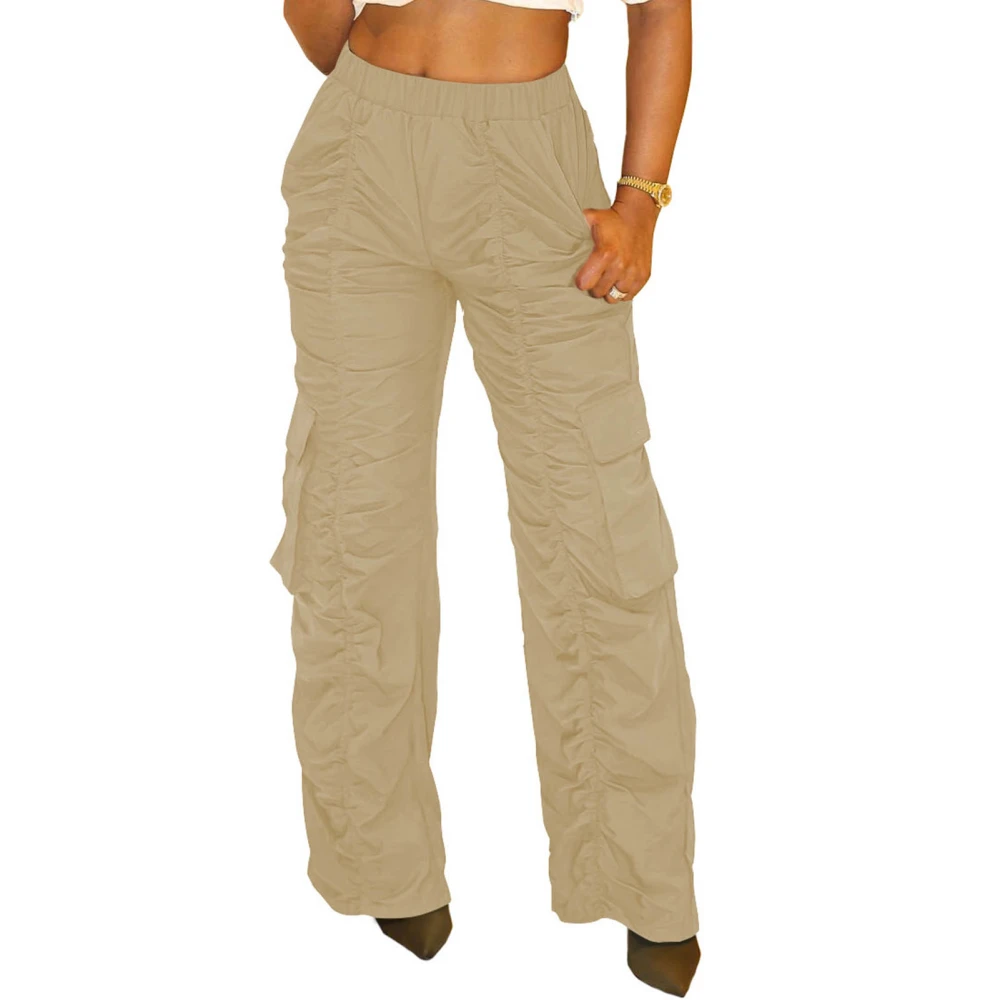 Women Loose Work Pants Fashionable Casual Pleated Design Women Wide Leg Pants with Large Pockets for Daily Work Outdoor Khaki M