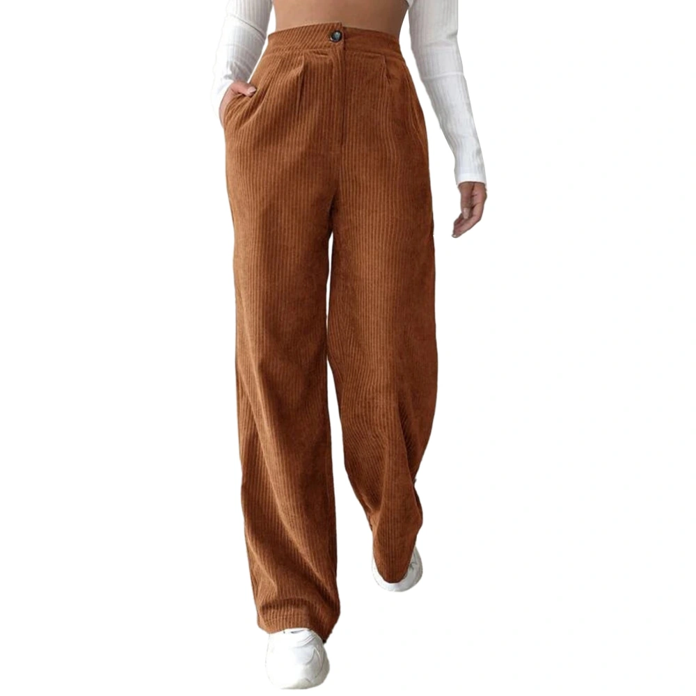 Women Loose Pants High Waist Pure Color Button Closure Straight Long Trousers for Female Orange XXL