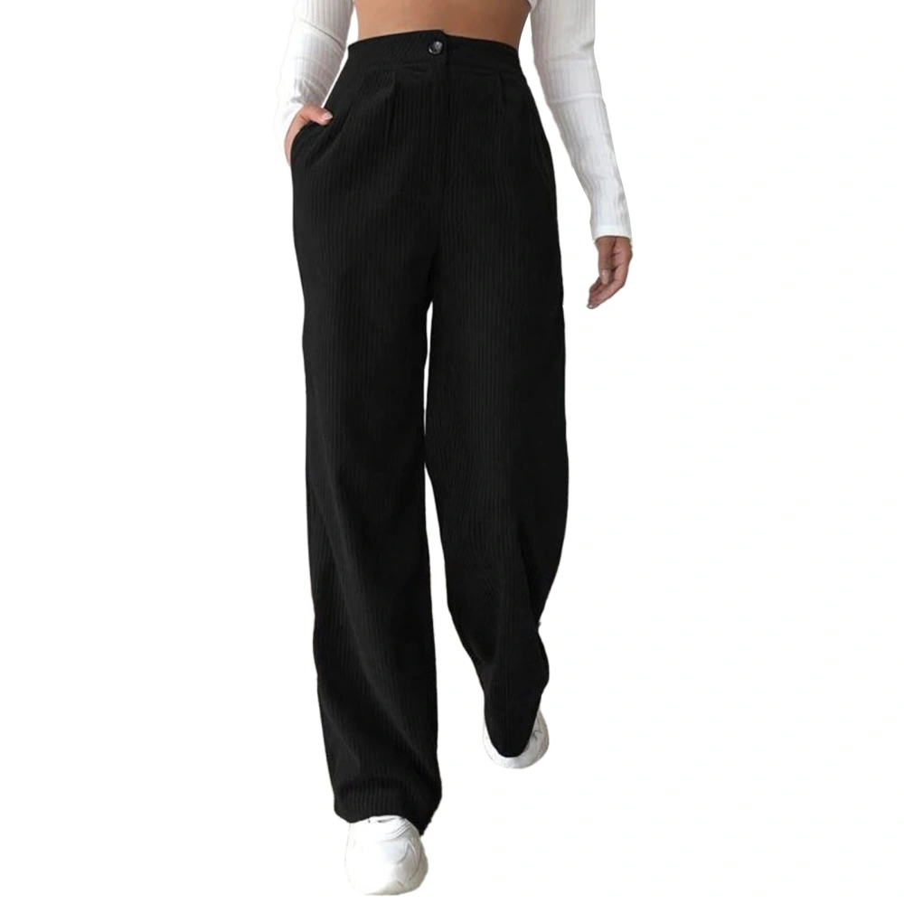 Women Loose Pants High Waist Pure Color Button Closure Straight Long Trousers for Female Black XL