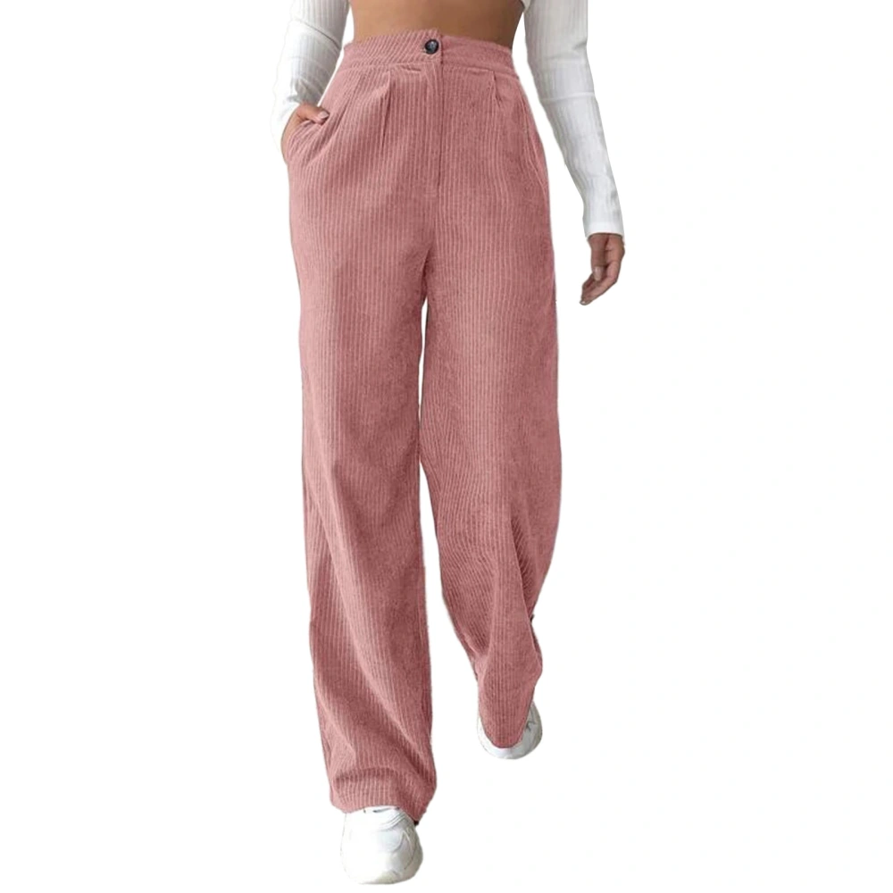 Women Loose Pants High Waist Pure Color Button Closure Straight Long Trousers for Female Pink S