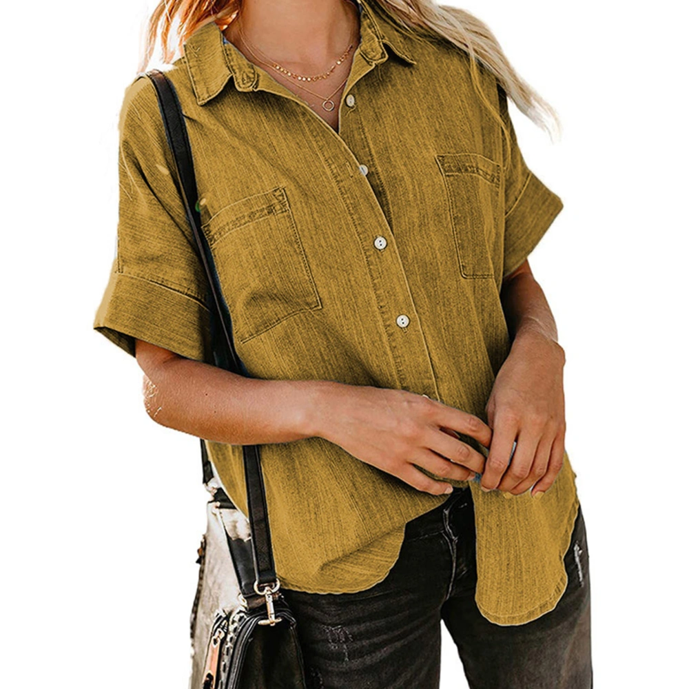 Women Button Shirt Short Folded Sleeve Turn Down Collar Button Down Shirt with Pockets for Female Yellow XXL