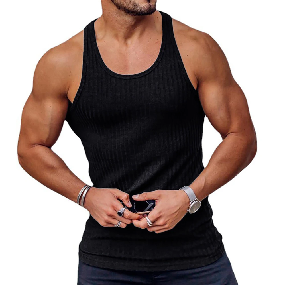 Men Sleeveless Shirt Round Neck Muscle T Shirt Workout Pure Color Top Slimming Fit Sports Top Black XXL