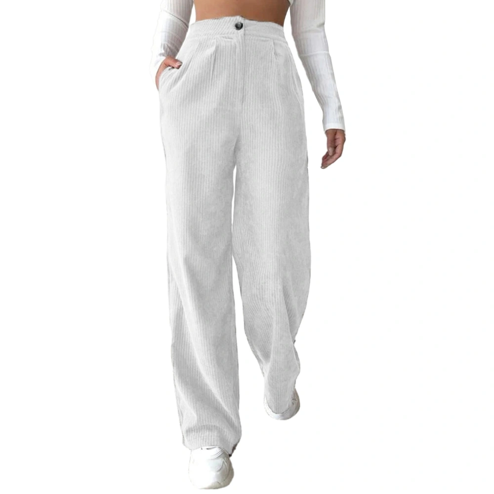 Women Loose Pants High Waist Pure Color Button Closure Straight Long Trousers for Female White XL