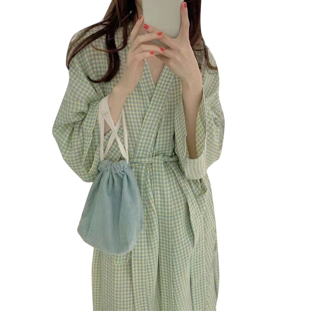 Women Nightgown Long Sleeve Plaid Nightgown Japanese Long Bathrobe Simple Fashionable Nightdress Green L