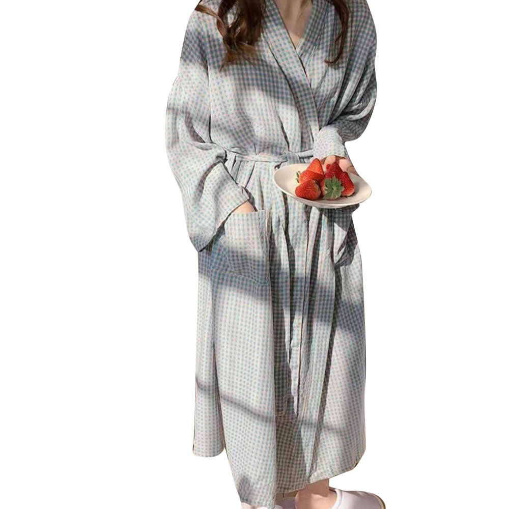 Women Nightgown Long Sleeve Plaid Nightgown Japanese Long Bathrobe Simple Fashionable Nightdress Blue L