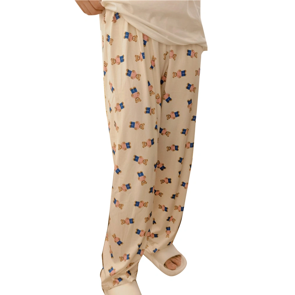 Women Pajama Pants Sleepwear Polyester Fiber Cute Cartoon Bear Lounge Pants for Indoor Outdoor Beige Plaid L