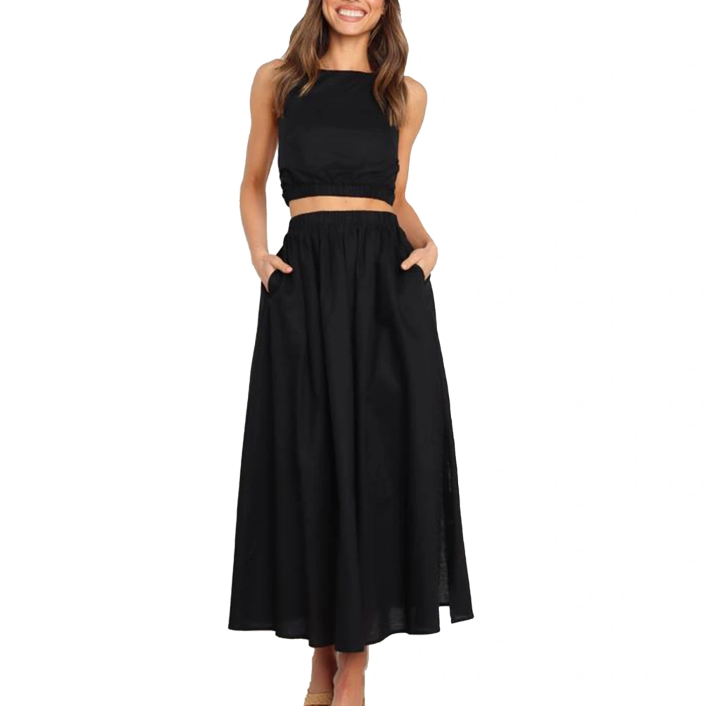 Long A Line Pleated Skirt Women Elegant Fashionable Plain Color Elastic Waist Split Hem Skirt for Work Black XL