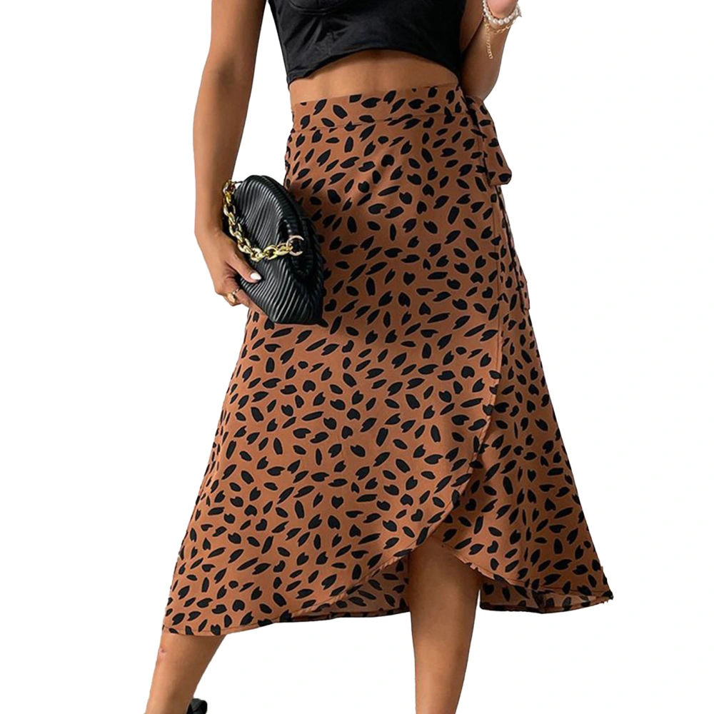 Women Leopard Print Wrap Skirt Fashion Print High Rise Tie Waisted Bodycon Midi Skirt Dark Brown M