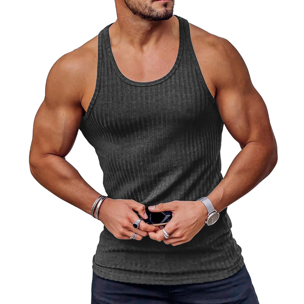 Men Sleeveless Shirt Round Neck Muscle T Shirt Workout Pure Color Top Slimming Fit Sports Top Dark Grey L