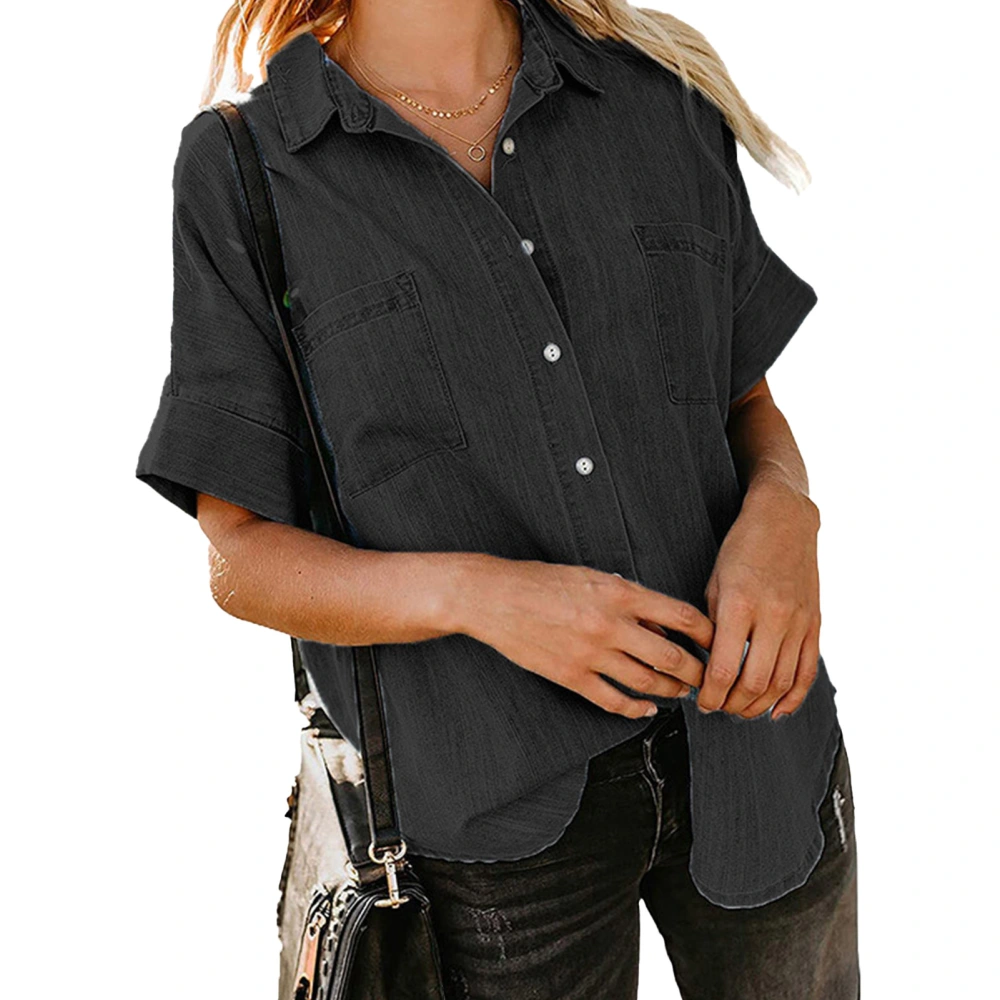 Women Button Shirt Short Folded Sleeve Turn Down Collar Button Down Shirt with Pockets for Female Black XL