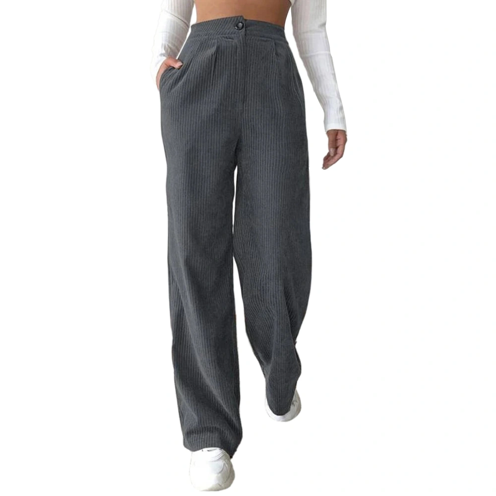 Women Loose Pants High Waist Pure Color Button Closure Straight Long Trousers for Female Dark Gray L