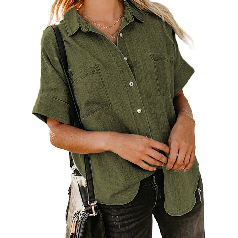 Women Button Shirt Short Folded Sleeve Turn Down Collar Button Down Shirt with Pockets for Female OD Green XXL