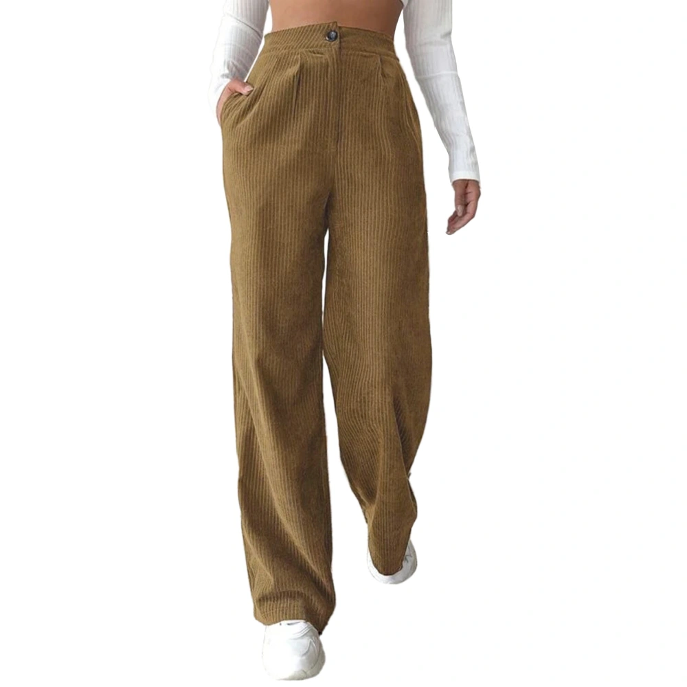 Women Loose Pants High Waist Pure Color Button Closure Straight Long Trousers for Female Brown M