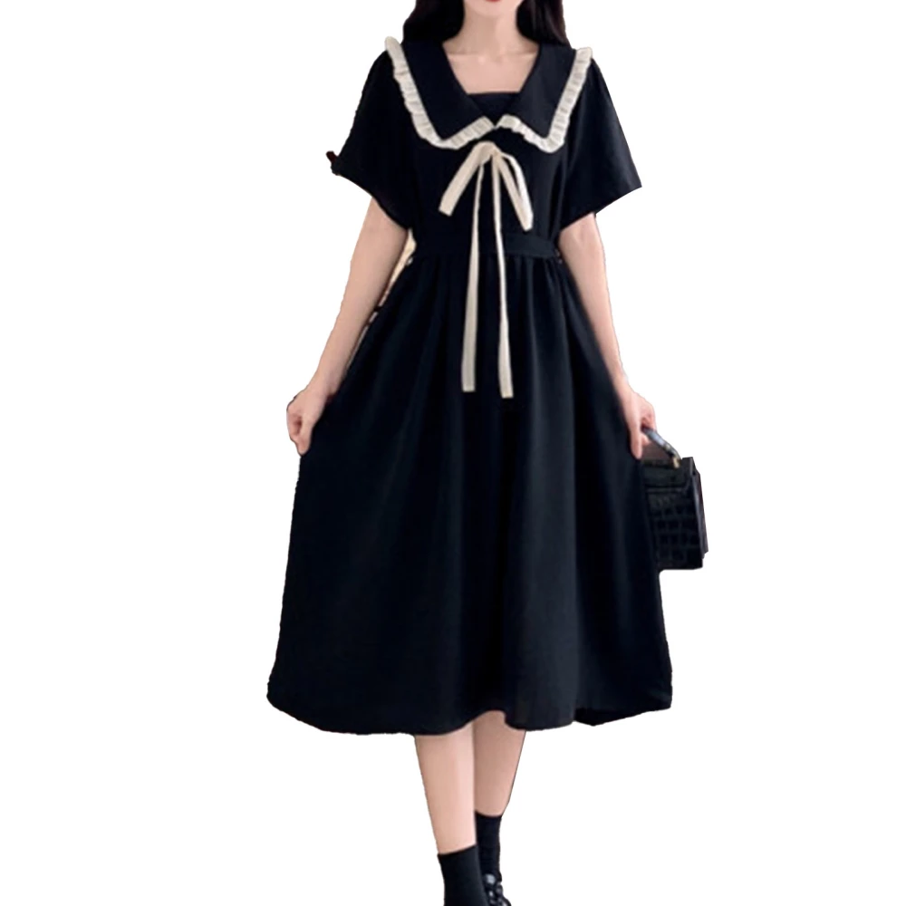 A Line Dress Short Sleeved Bow Front Sweet Style A Line Midi Dress for Women Lady Girl Summer Black L